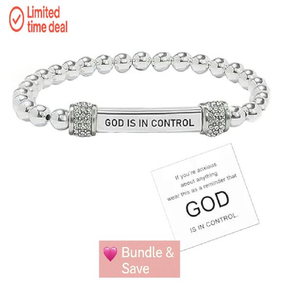 Stainless Steel Stretch Bracelet with Diamond Beads, Inspirational Engraving - Picture 2 of 8